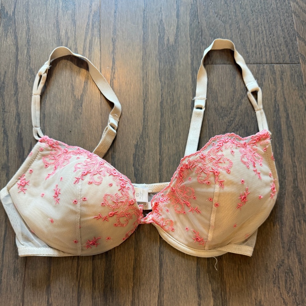 Vintage La Perla Bra | 2000s Nude Mesh with Pink Floral Embroidery | Size 32D